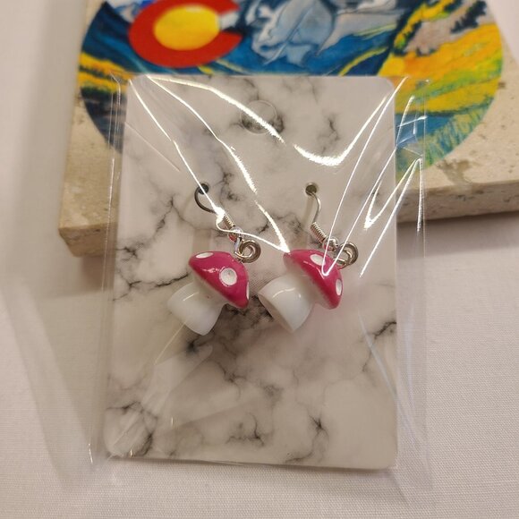 PINK MUSHROOM EARRINGS - Picture 2 of 2